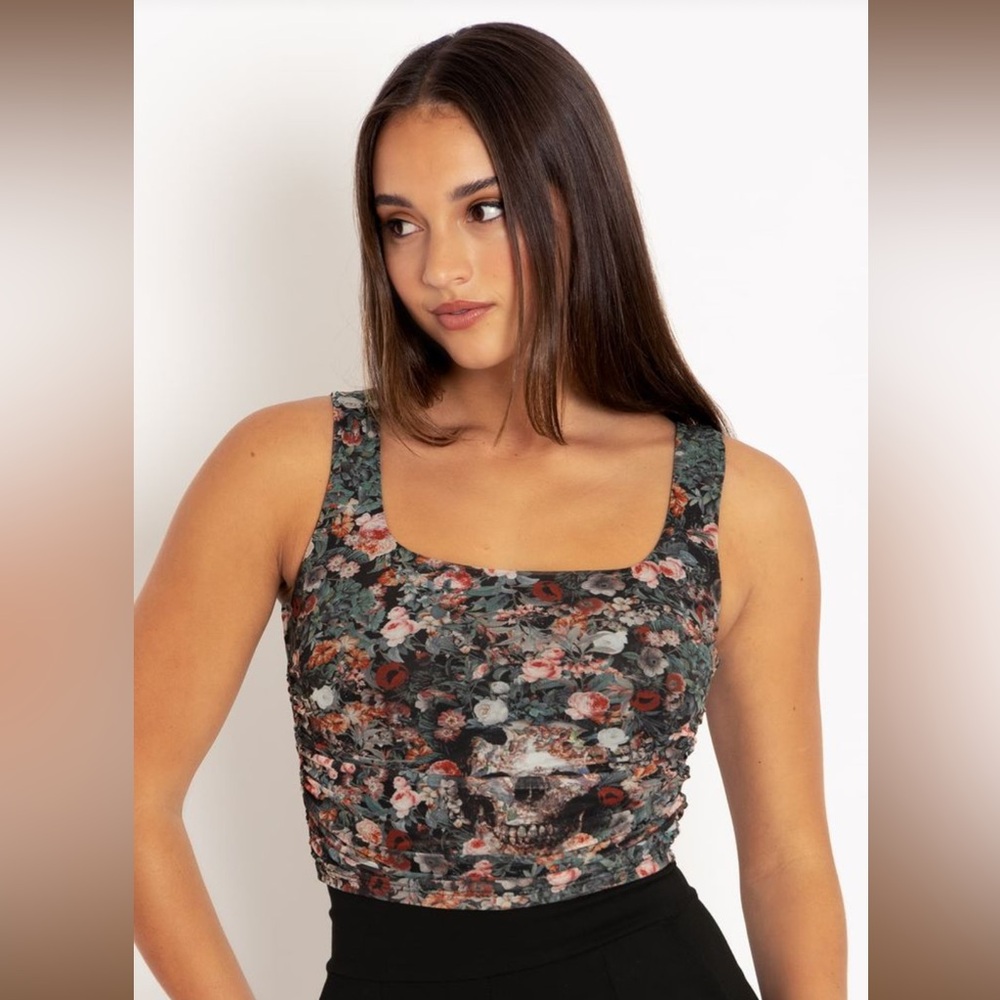 Overgrown Skulls Sheer Ruched Tank, Blackmilk Size Medium